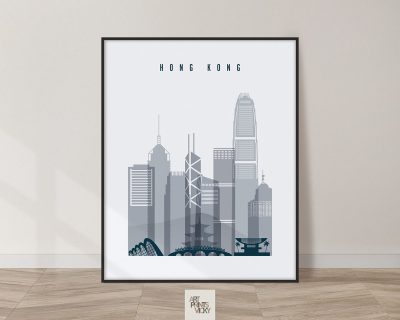 Hong Kong skyline poster grey blue