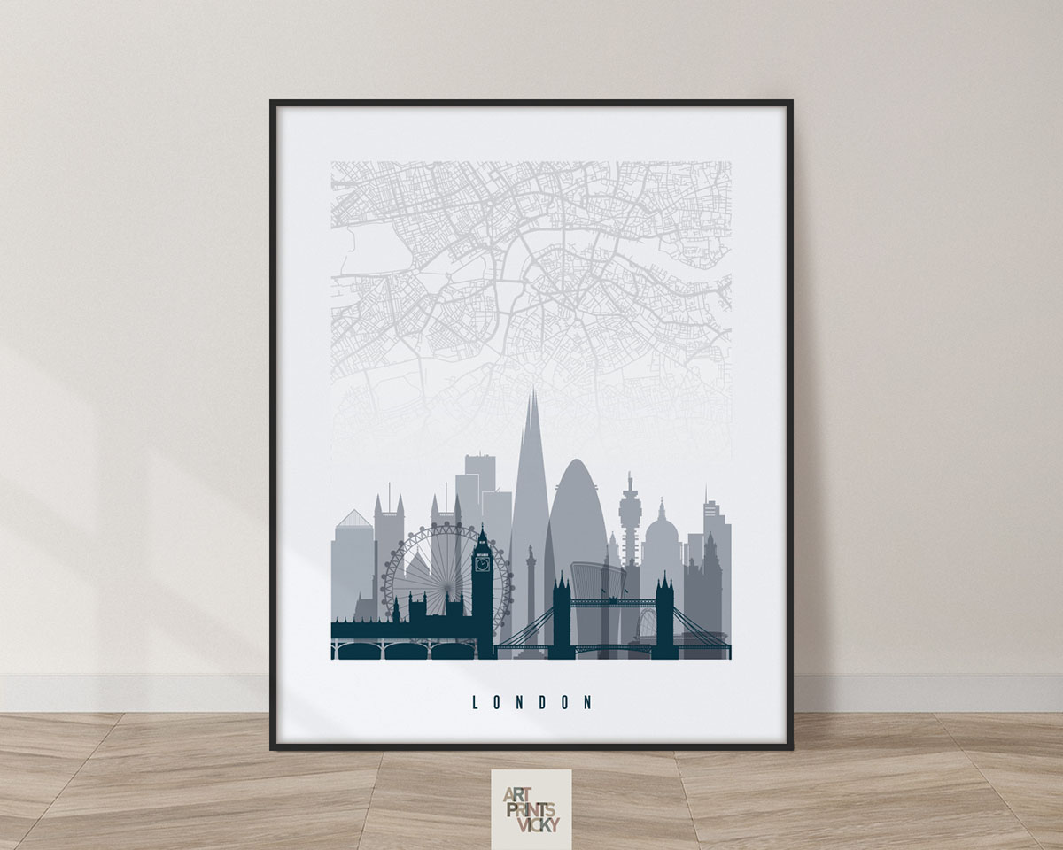 London map print skyline poster grey blue