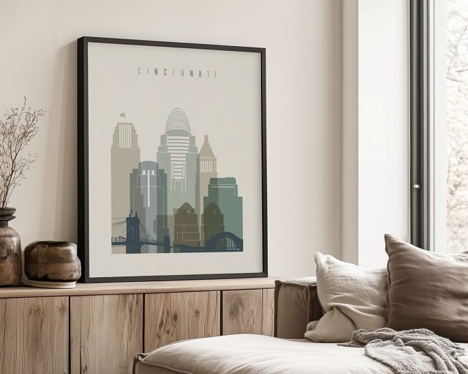 Stylized illustration of Cincinnati skyline with notable buildings and bridge in muted colors.