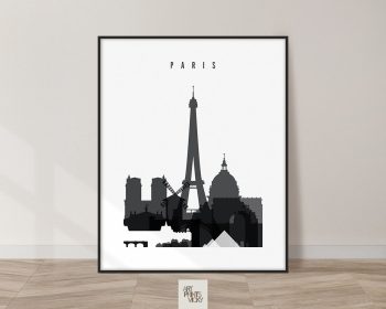 Silhouette artwork of Paris featuring the Eiffel Tower and other landmarks in black and white.