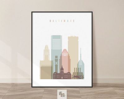 Baltimore art print skyline pastel white