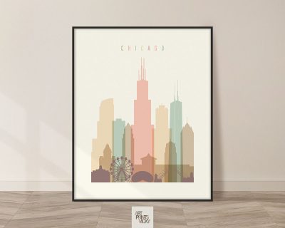 Chicago art print skyline pastel cream photo