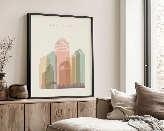 Art print featuring a stylized cityscape of San Diego with pastel colors and geometric shapes.