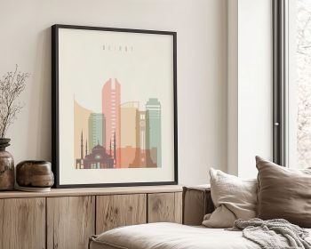 Framed artwork depicting a stylized cityscape of Beirut with notable buildings and landmarks.