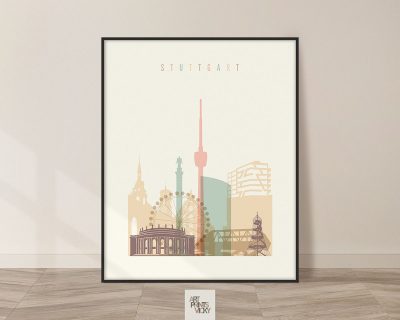 Stuttgart art print skyline pastel cream