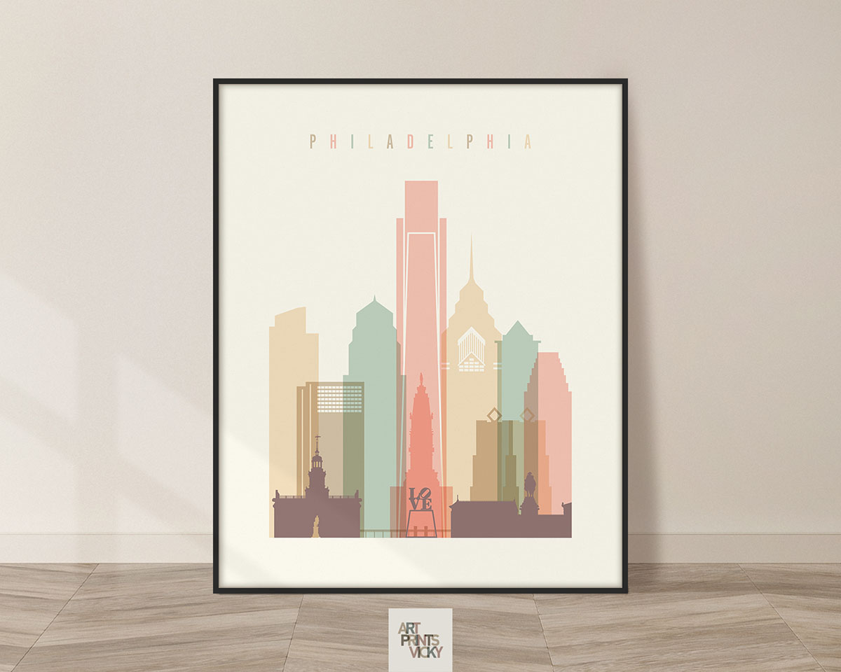 Philadelphia art print skyline pastel cream