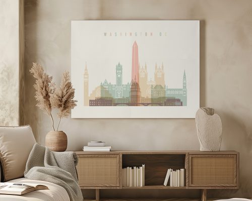 Artistic representation of the Washington DC skyline with notable buildings and monuments.