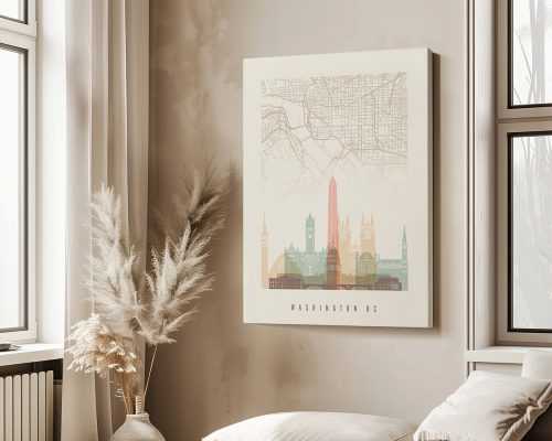 Art print of a map of Washington DC with landmarks and streets in a simple design.