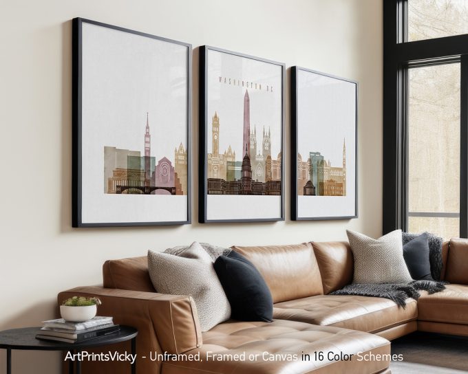 Three framed art prints depicting a cityscape of Washington DC with notable buildings.