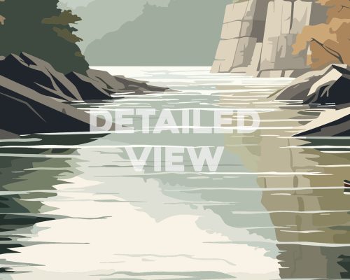 Illustration depicting a river with rocky banks and trees along the water's edge.