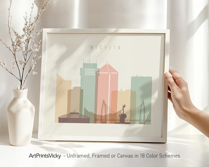 Art print of the Wichita city skyline featuring various buildings and a statue.