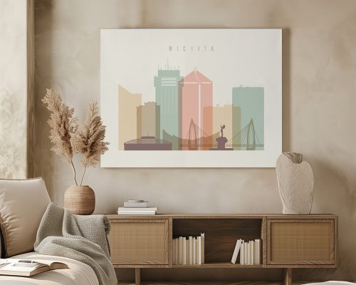 Stylized illustration of the Wichita city skyline with pastel colors and geometric shapes.