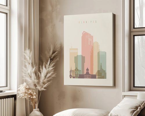 Art print featuring a stylized cityscape of Winnipeg with various building silhouettes in pastel colors.