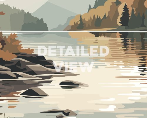 Artistic depiction of a lake with a rocky shoreline and trees along the water's edge.