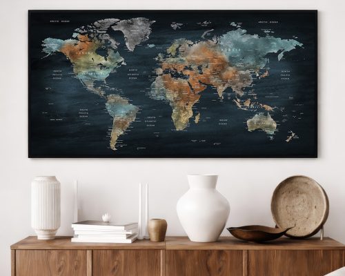 Alternative view of World Map Wall Art Poster Panoramic, Dark Bluish Watercolor