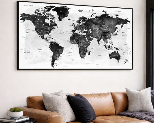World Map Wall Art Poster Black and White