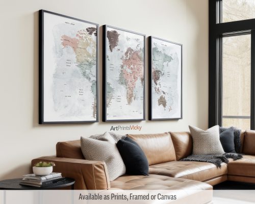 World map 3 print set detailed in soft pastel watercolors by ArtPrintsVicky