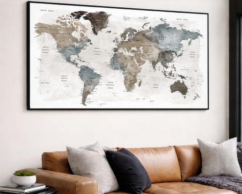 World Map Wall Art Print, Framed or Canvas, Large Decor