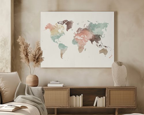 Watercolor world map with soft colors displayed on a wall above a wooden cabinet.