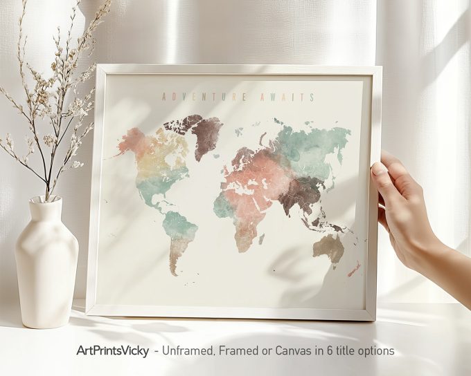 Artistic representation of a world map with soft colors and abstract design elements.