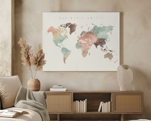 Artistic world map with watercolor effects in various colors displayed on a wall.