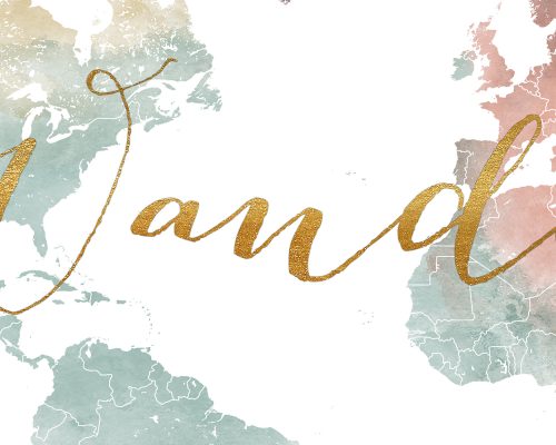 Artistic world map featuring the word 'and' in gold lettering across the center.