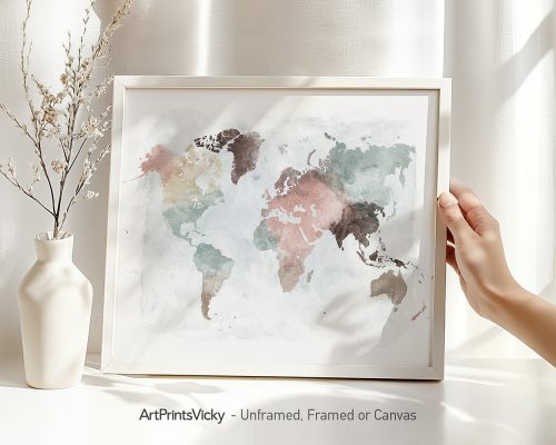 World map illustrated in pastel colors with soft watercolor effects.