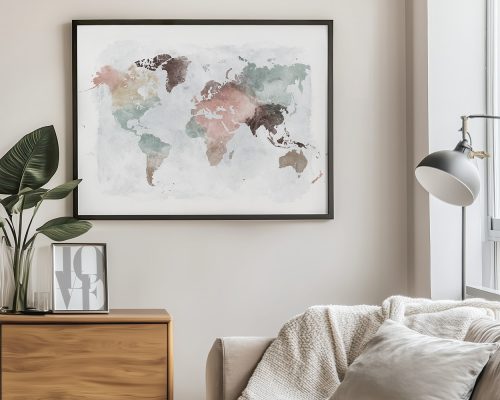 World map in pastel colors featuring various countries and continents in a watercolor style.