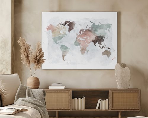 World map illustration in pastel colors featuring various continents and countries.
