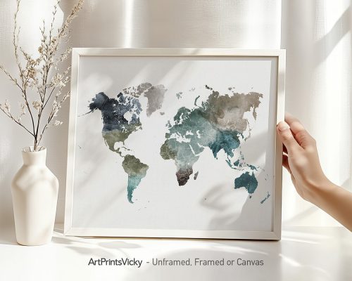 Watercolor map of the world in shades of blue and green displayed in a frame.