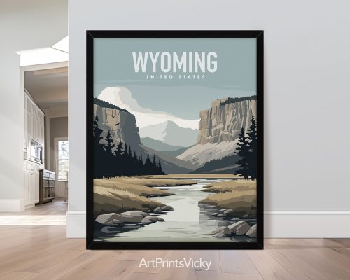 Wyoming wall art print with modern vector illustration of nature landscape by ArtPrintsVicky
