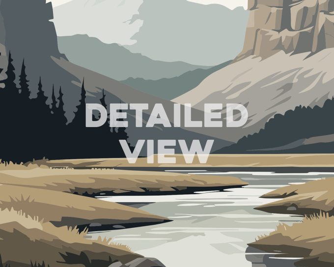 Illustration depicting a river flowing through a mountainous landscape with trees and hills in the background.