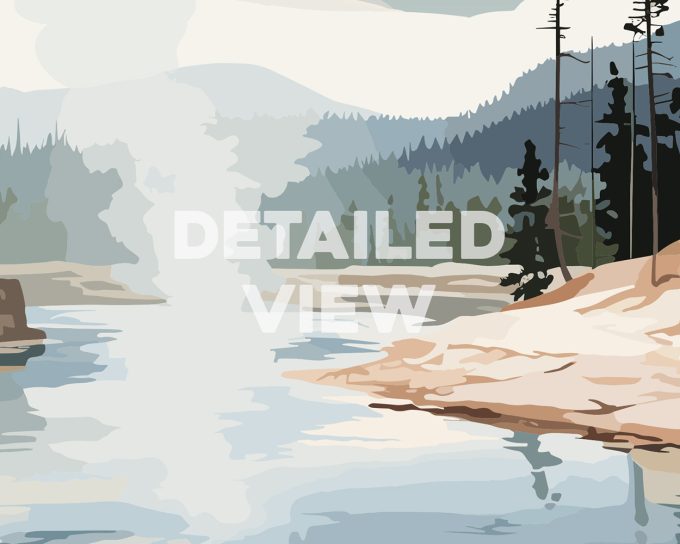 Illustration depicting a serene landscape of Yellowstone National Park with trees and a river.
