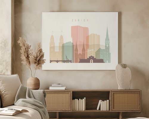 Stylized illustration of Zurich's skyline featuring various buildings and landmarks.