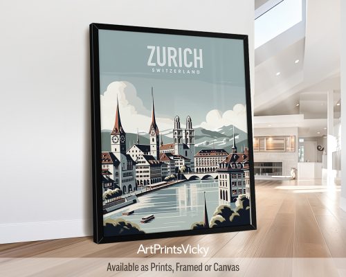 Zurich cityscape travel poster in smooth colors by ArtPrintsVicky