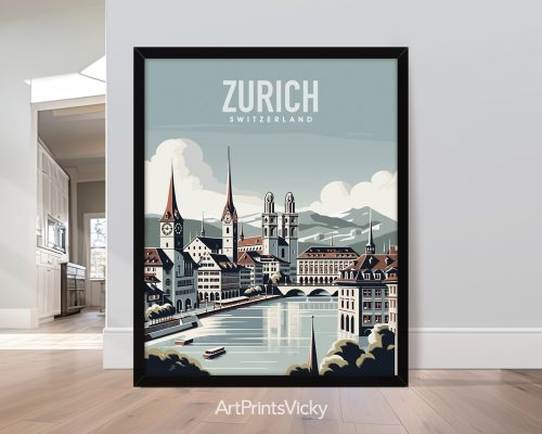 Zurich cityscape travel poster in smooth colors by ArtPrintsVicky