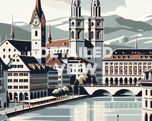 Zurich cityscape travel poster in smooth colors detail by ArtPrintsVicky