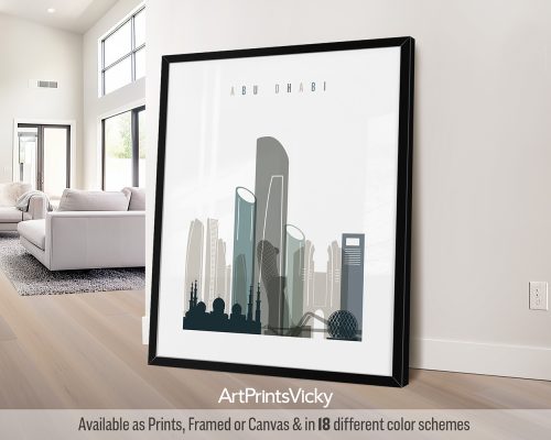 Abu Dhabi skyline featuring iconic landmarks and futuristic architecture in a calming Cool Earth Tones 4 palette by ArtPrintsVicky.