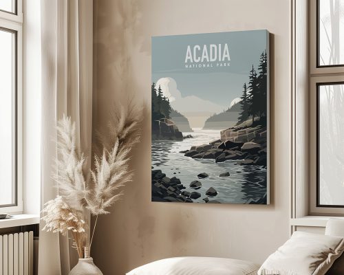 Art print featuring Acadia National Park with trees, mountains, and a river in a stylized design.