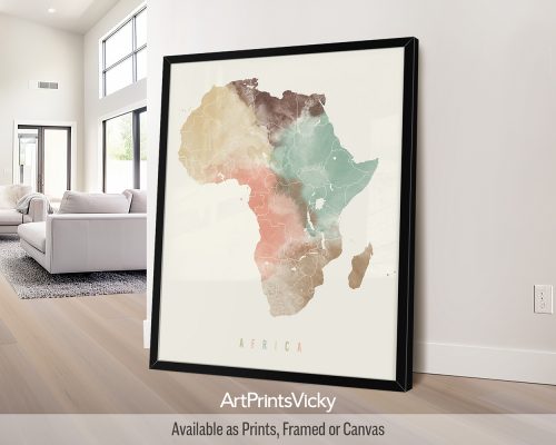 Africa map poster in a warm Pastel Cream watercolor style, featuring diverse geography by ArtPrintsVicky.