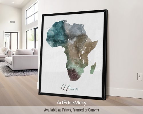 Africa watercolor map poster with handwritten Africa title by ArtPrintsVicky
