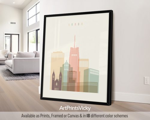 Akron Ohio Skyline Art Print in Warm Pastels