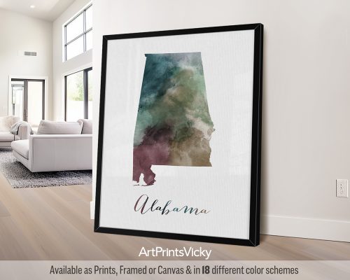 Alabama watercolor map poster with handwritten title by ArtPrintsVicky