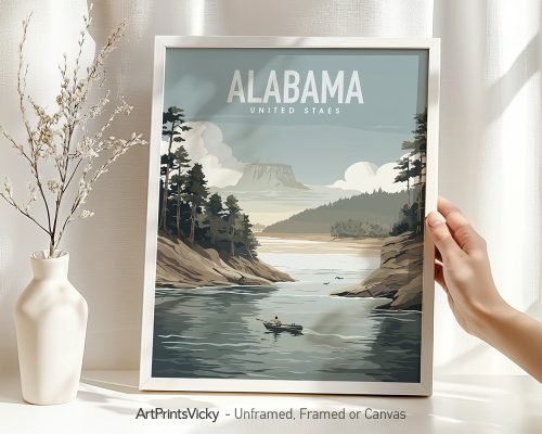 Art print featuring a scenic view of Alabama with a boat on the water and mountains in the background.