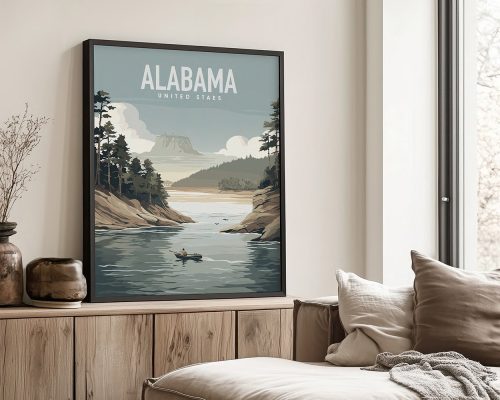 Art print depicting a scenic view of Alabama with mountains and a river in a framed display.