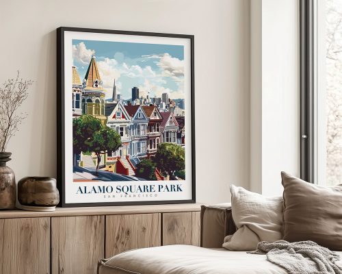 Art print of Alamo Square Park featuring colorful Victorian houses in San Francisco.