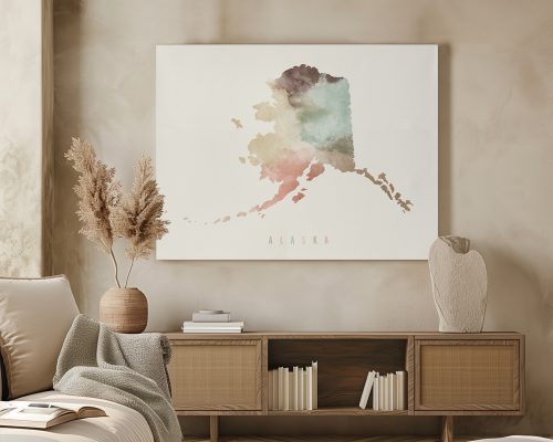 Watercolor map of Alaska featuring soft colors and the word 'ALASKA' at the bottom.