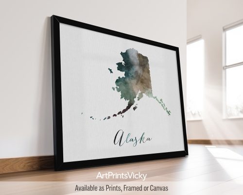 Earthy watercolor print of the Alaska state map, with "Alaska" written below in handwritten script, on a textured background. Perfect for lovers of the Last Frontier and wilderness landscapes by ArtPrintsVicky.