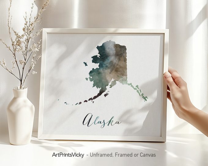 Art print of the state of Alaska in watercolor style with the name 'Alaska' below.