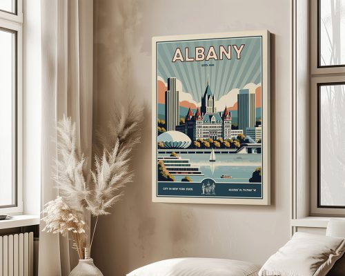 Retro-style artwork depicting the cityscape of Albany, New York, with buildings and a river.
